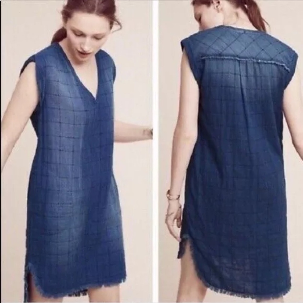 Anthropologie Cloth & Stone Quilted Frayed‎ 100% Cotton Denim Dress Size Small